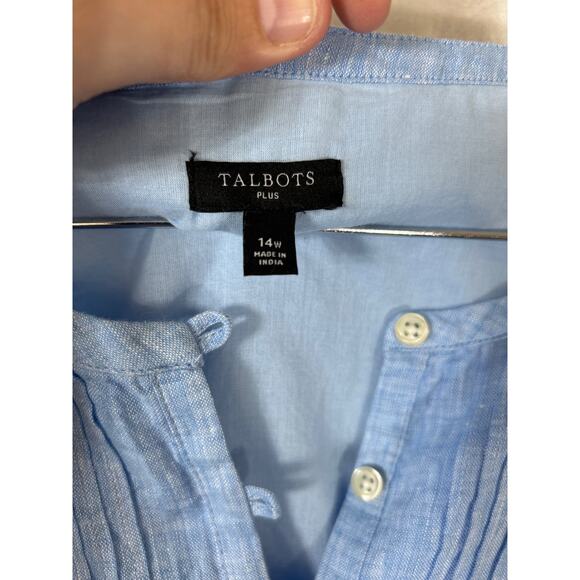 Talbots Dress 14 PETITE Blue Linen Pleated Buttons Stripe Detail Lined - Picture 7 of 10